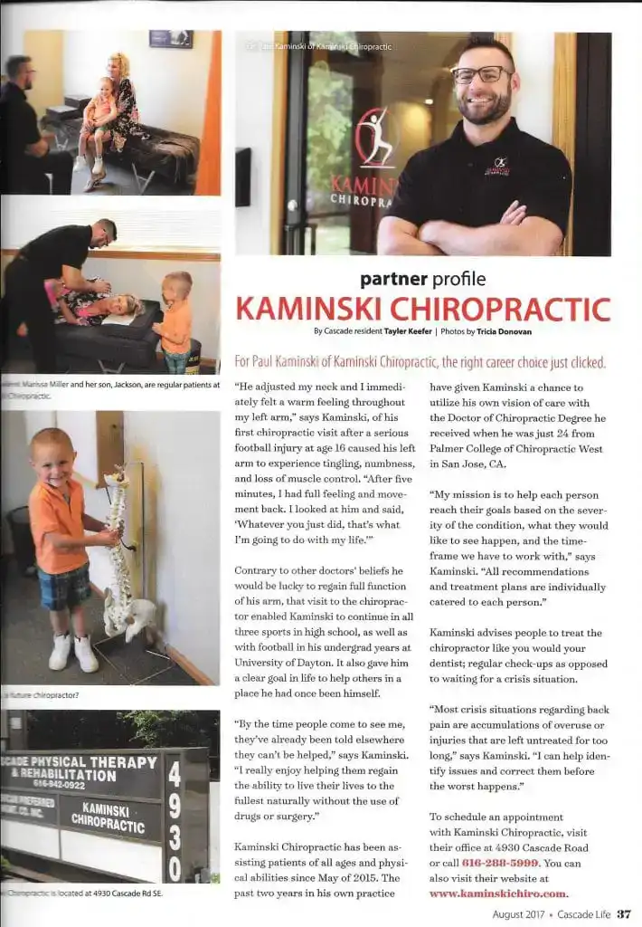 Chiropractor Grand Rapids MI Paul Kaminski Partner Profile Visual article about Kaminski Chiropractic, featuring treatment scenes and clinic information.